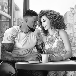 muscular african american man with a beautiful curvaceous caucasian woman having coffee at a coffee shop