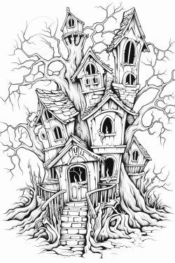 a haunted house with creepy trees