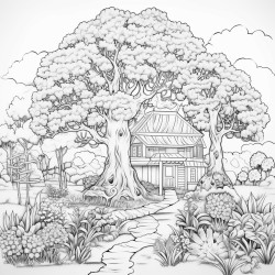 a beautiful garden with a big tree in the middle