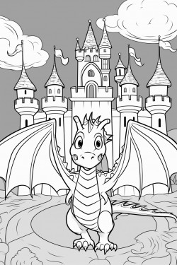 introduction page with a beautiful medieval castle and a friendly dragon welcoming the children