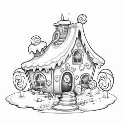 a cute gingerbread house with candy decorations and a gumdrop pathway christmas stockings