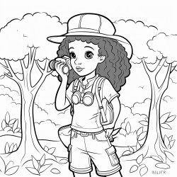 african american cute girl birdwatching holding binoculars looking into trees
