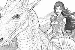 a warrior princess rides atop a great dragon