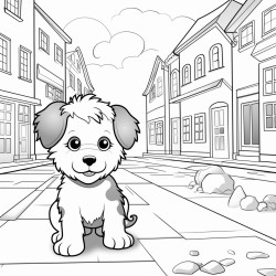 could you please draw a cartoon puppy in a town on cobbled road