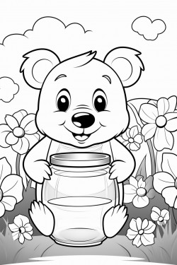 b is for bear a friendly bear holding a honey jar surrounded by buzzing bees