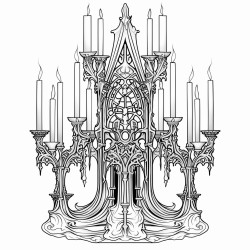 a tall gothic candelabra with melting candles surrounded by dark flowing curtains