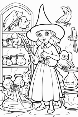 witch in a room full of potions and crows