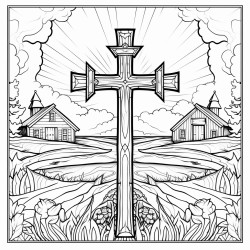 create an image of a solemn scene with a prominent cross in the center