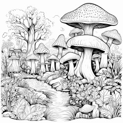trippy magical forrest with mushrooms
