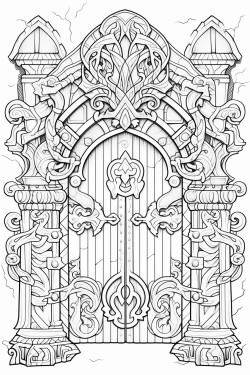gothic style door with intricate patterns in the wood wrought iron bars and an eclectic door knocker