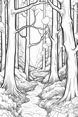 forest scene with tall trees and a winding path