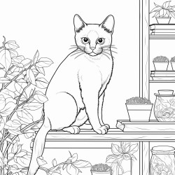 burmese cat sits on a high shelf and paws people below