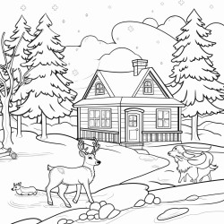 winter scene include a snowman a deer a house and snow falling from the sky do not make it too cluttered