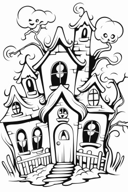 haunted house with ghosts coming out of the windows