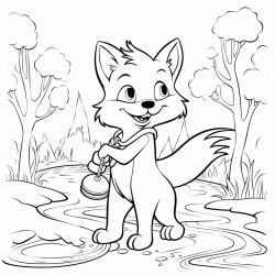 a fox in the forest holding a fire hose by a river