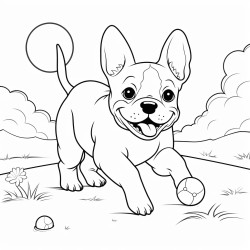 a french bulldog chasing a ball cartoon style