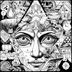 nefarious crime collage with illegal substances filling the background and geometrical designs coloring page