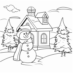 a house covered in snow and a snow man on the lawn