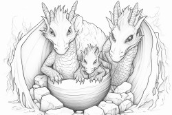 two adult dragons giving their newly hatched baby dragon a snuggle in their treasure cave
