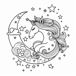 a unicorn with a starry mane and tail floating on a crescent moon