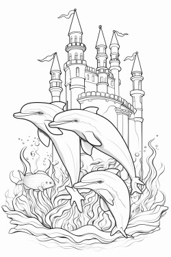 underwater castle and playful dolphins