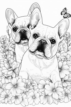 two french bulldogs playing together in a field of flowers
