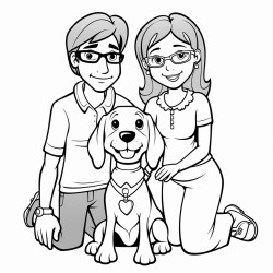 five year old girl with pigtails and glasses with her mom and dad and beagle
