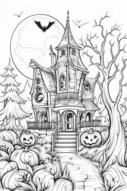 spooky haunted house with jackolanterns a cat and moon