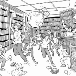 detailed cartoon of teenagers in a classroom trying to catch books balls and other equipment flying around them