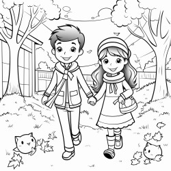 a cute autumn sunset stroll  coloring bookvector white background black and white black drawing