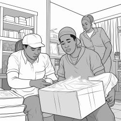 2 large white women and a medium build black man packing boxes