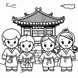 korean hanok with jackolanters and kids in halloween costumes