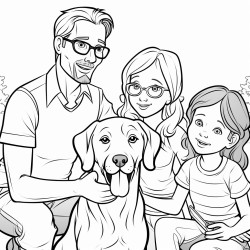 young girl with glasses and pigtail braids next to her mom dad and a beagle