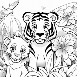 a friendly tiger a curious monkey and a colorful parrot in a lush jungle with trees vines and flowers