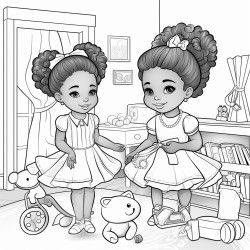 two little beautiful african american toddles with ponytails and bows playing with toys in a beautiful girly bedroom coloring page