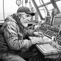 an old ham radio operator talking on his radios on a rainy day