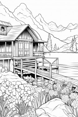 a hours switzerland landscape with a quaint stone house surrounded by flowers wooden dock extending into a lake