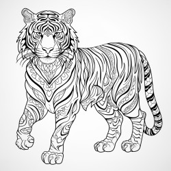 a java tiger with intricate pattern inside of it no color no shading medium line