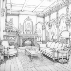 a large room with three couches and a fireplace