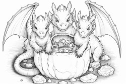 two adult dragons giving their newly hatched baby dragon a snuggle in their treasure cave