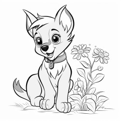 bolt and simpel black and wite coloring page of cute puppy sarounded by flowers clipart style