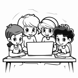 students in class sitting in a group using a laptop and writing on paper