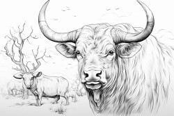 buffalo head with long horns and bird perched on horn