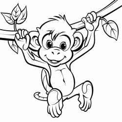 generate a coloring page of a cute cartoon monkey swinging from a tree branch