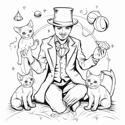 happy magician playing with cats