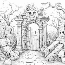 a crumbling arched stone gate leading into a haunted graveyard