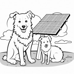 a border collie and a sheep under a solar panel in a field