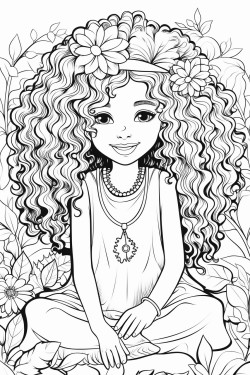 mixedrace girl with long curly hair sitting in the forest with a flowy dress and lots of flowers