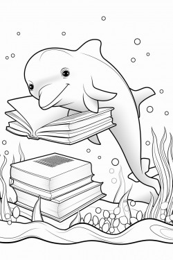 dolphin reading a book at an underwater library