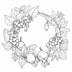 create a blackandwhite coloring page featuring an autumninspired wreath with leaves pumpkins berries and acorns arrange the elements in a loose semicircle format leaving gaps so the wreath does not fully close each item should have clear